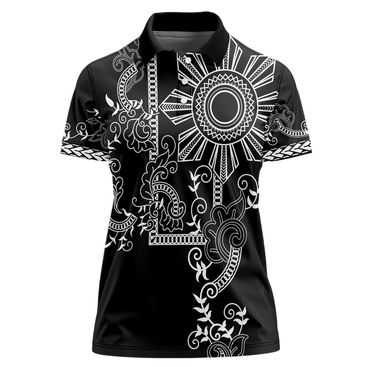 Filipino Sun Tribal Tattoo Women Polo Shirt Philippines Inspired Barong Simple Black - Wonder Print Shop
