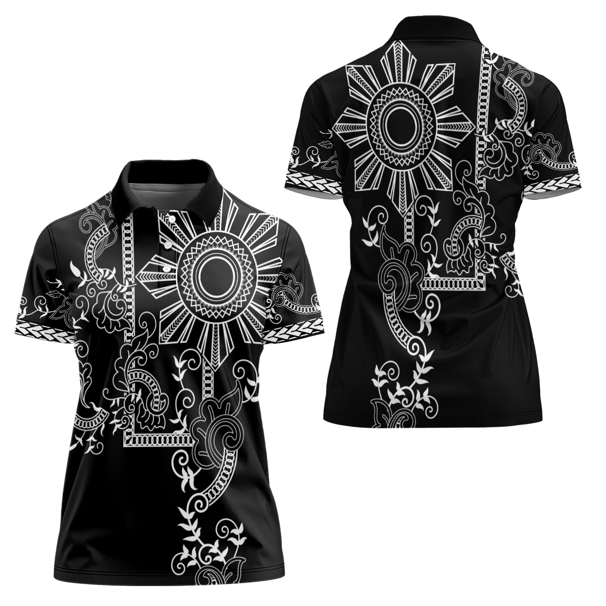 Filipino Sun Tribal Tattoo Women Polo Shirt Philippines Inspired Barong Simple Black - Wonder Print Shop