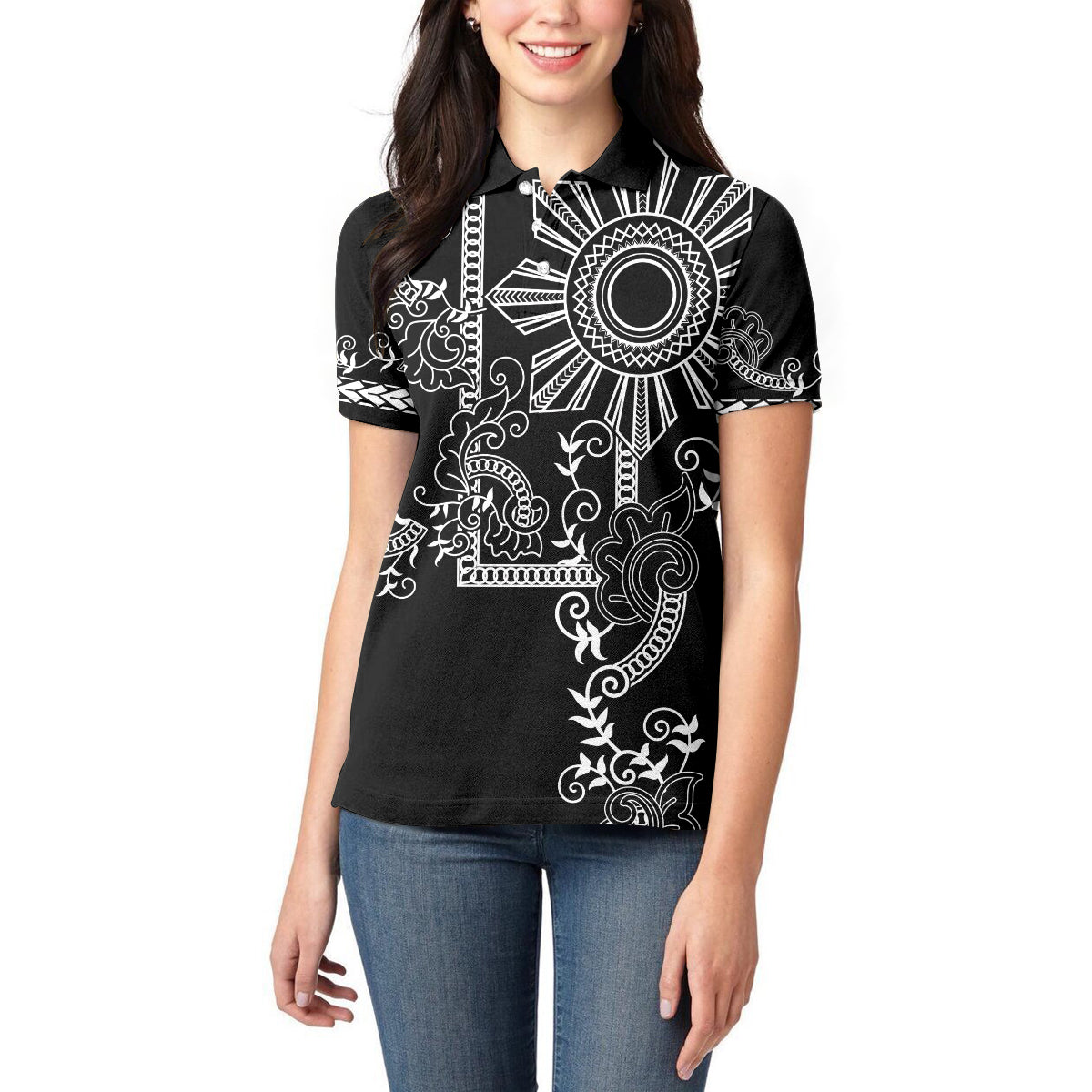 Filipino Sun Tribal Tattoo Women Polo Shirt Philippines Inspired Barong Simple Black - Wonder Print Shop