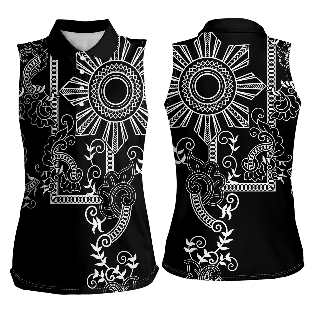 Filipino Sun Tribal Tattoo Women Sleeveless Polo Shirt Philippines Inspired Barong Simple Black - Wonder Print Shop