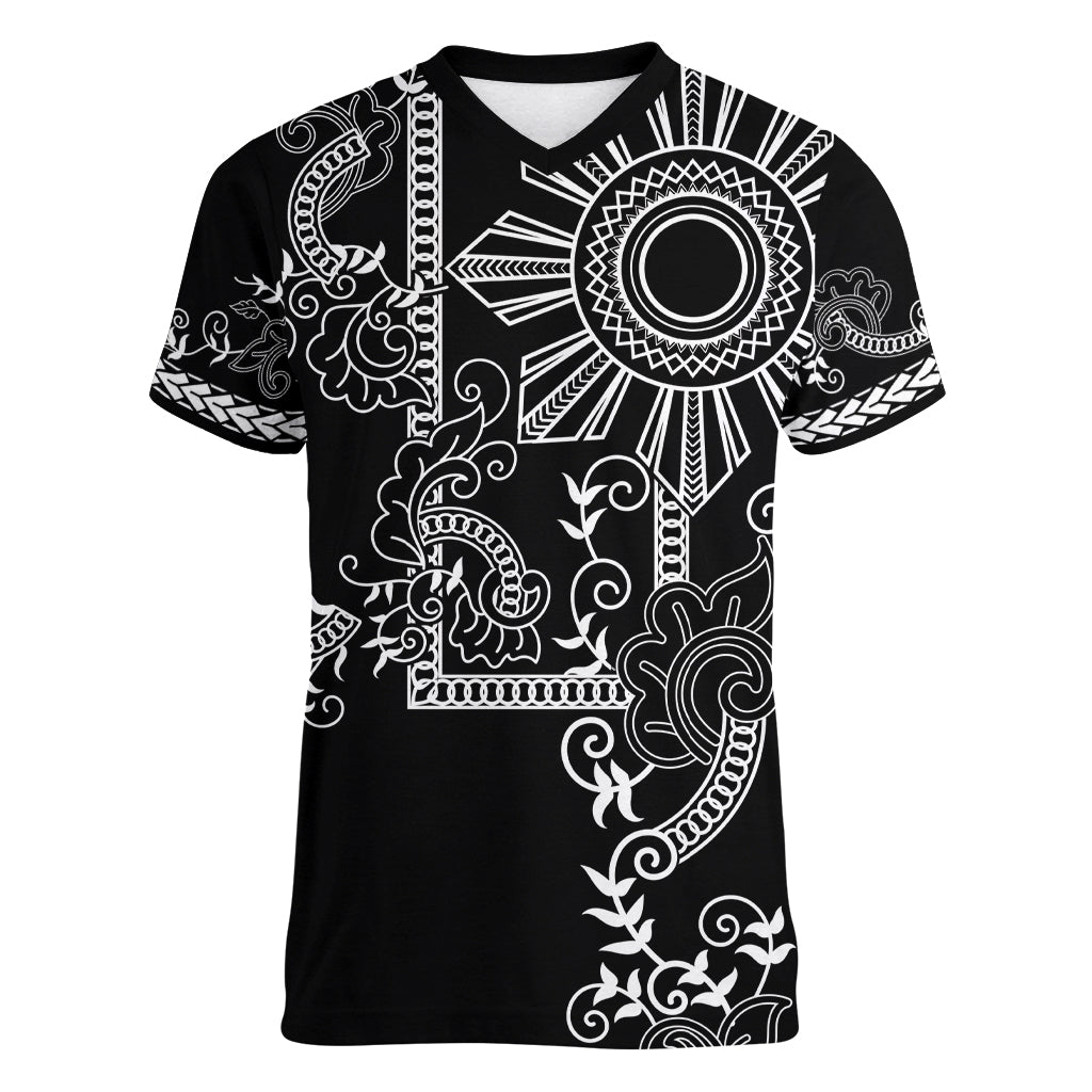 Filipino Sun Tribal Tattoo Women V-Neck T-Shirt Philippines Inspired Barong Simple Black - Wonder Print Shop