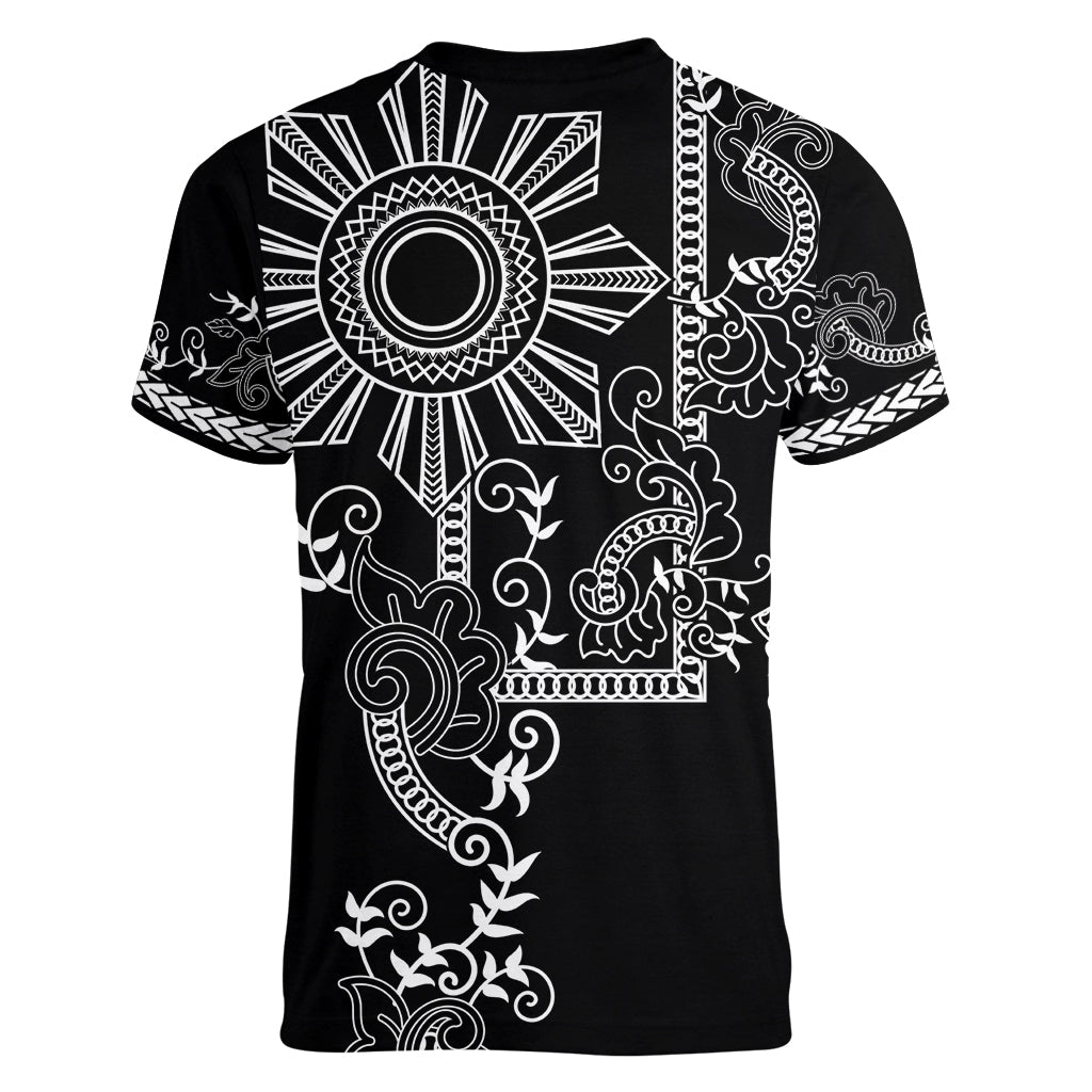 Filipino Sun Tribal Tattoo Women V-Neck T-Shirt Philippines Inspired Barong Simple Black - Wonder Print Shop