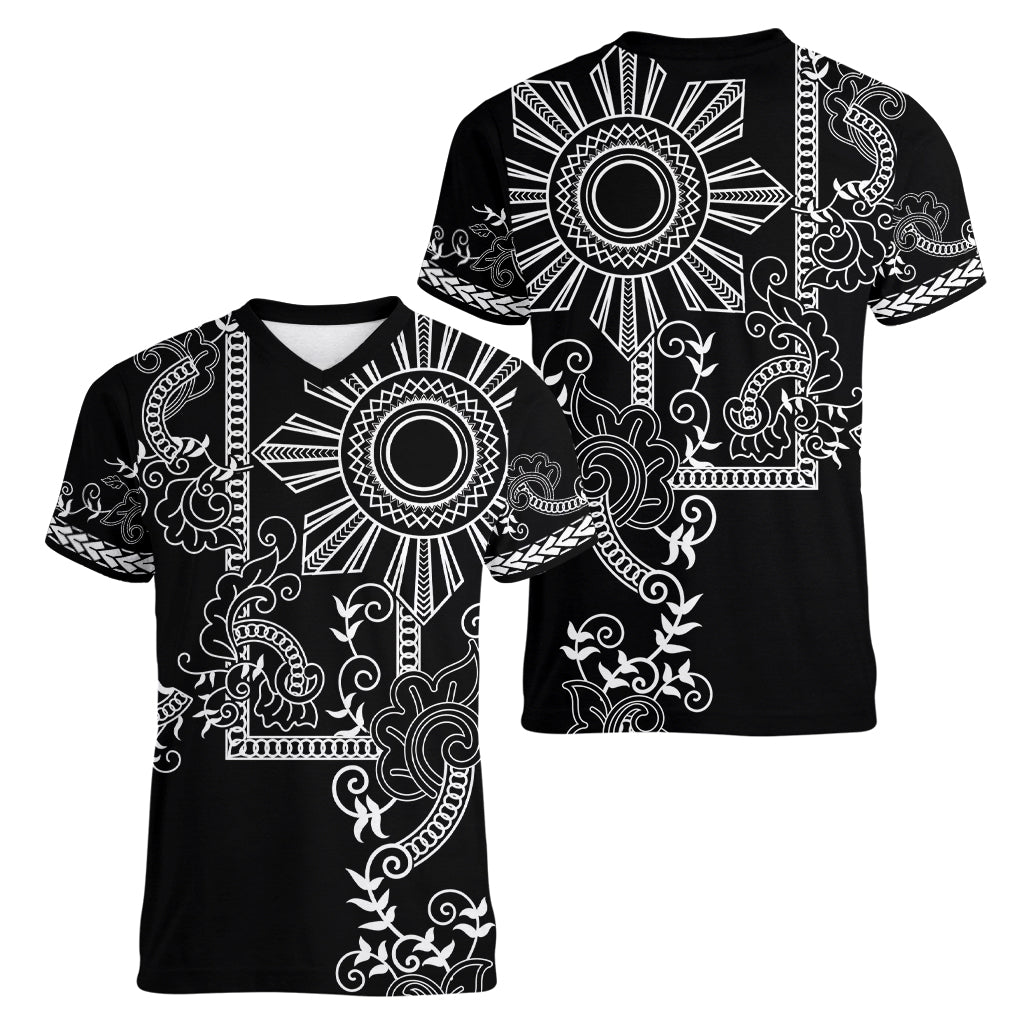 Filipino Sun Tribal Tattoo Women V-Neck T-Shirt Philippines Inspired Barong Simple Black - Wonder Print Shop
