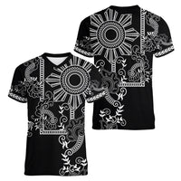 Filipino Sun Tribal Tattoo Women V-Neck T-Shirt Philippines Inspired Barong Simple Black - Wonder Print Shop