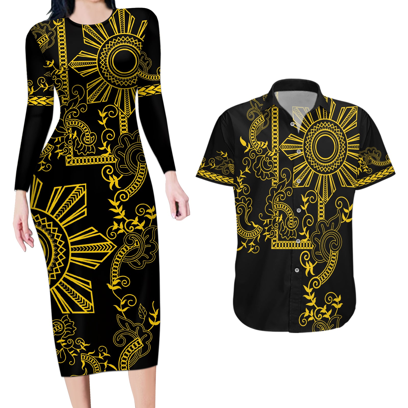 Filipino Sun Tribal Tattoo Couples Matching Long Sleeve Bodycon Dress and Hawaiian Shirt Philippines Inspired Barong Simple Gold LT9 - Wonder Print Shop