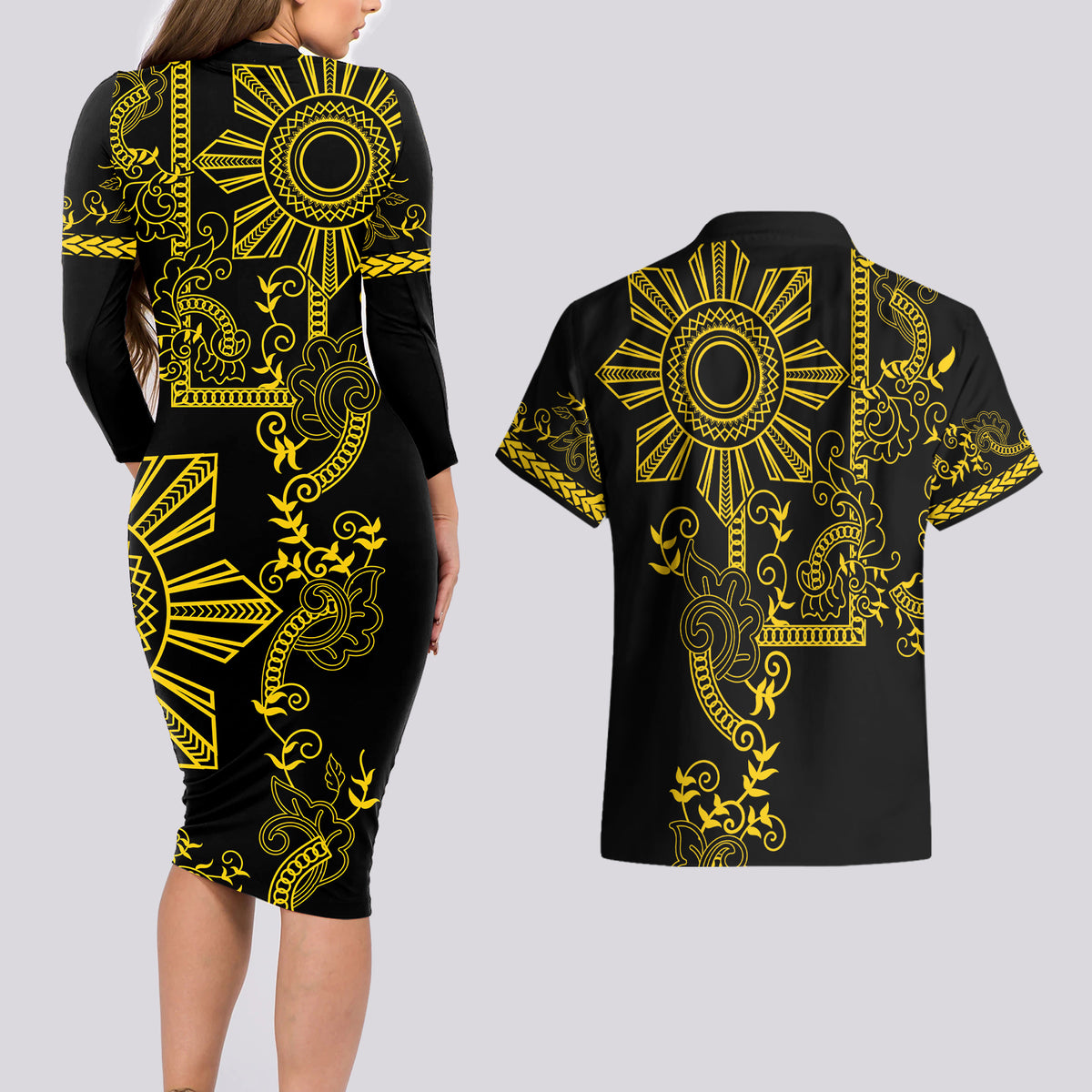 Filipino Sun Tribal Tattoo Couples Matching Long Sleeve Bodycon Dress and Hawaiian Shirt Philippines Inspired Barong Simple Gold LT9 - Wonder Print Shop