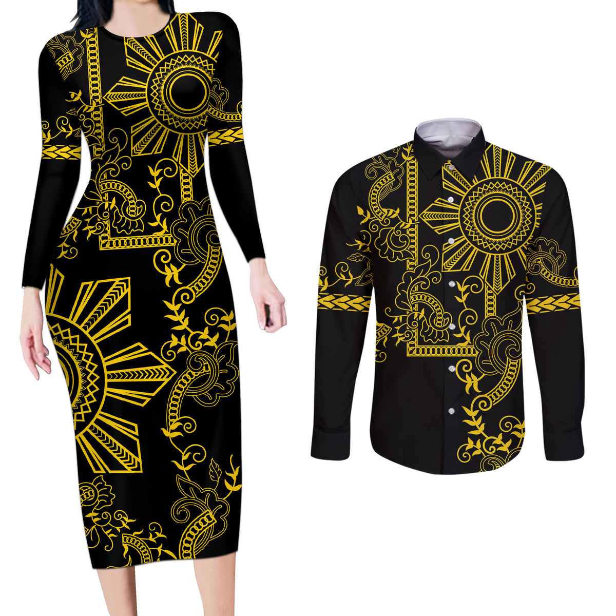 Filipino Sun Tribal Tattoo Couples Matching Long Sleeve Bodycon Dress and Long Sleeve Button Shirt Philippines Inspired Barong Simple Gold LT9 - Wonder Print Shop