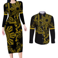 Filipino Sun Tribal Tattoo Couples Matching Long Sleeve Bodycon Dress and Long Sleeve Button Shirt Philippines Inspired Barong Simple Gold LT9 - Wonder Print Shop