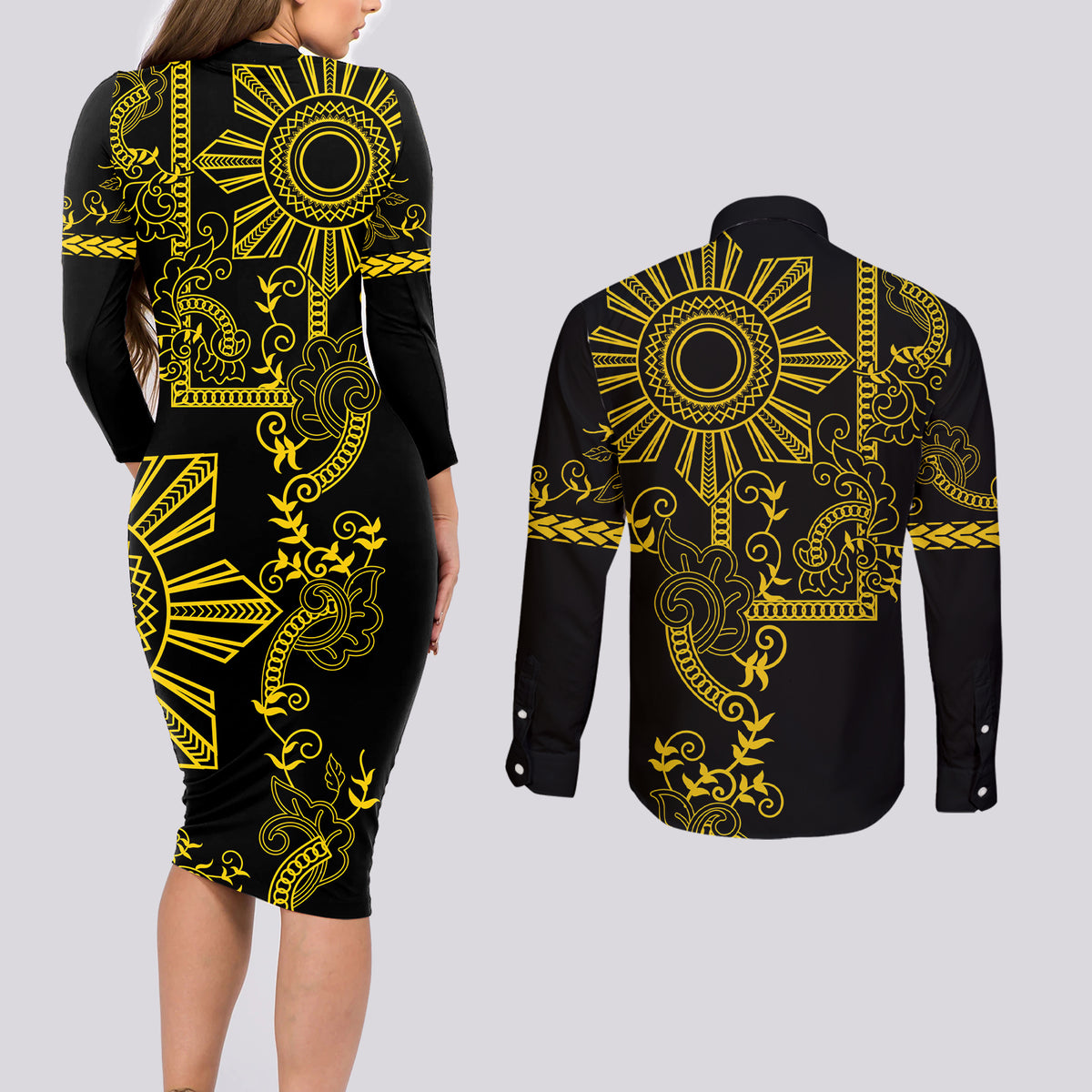 Filipino Sun Tribal Tattoo Couples Matching Long Sleeve Bodycon Dress and Long Sleeve Button Shirt Philippines Inspired Barong Simple Gold LT9 - Wonder Print Shop