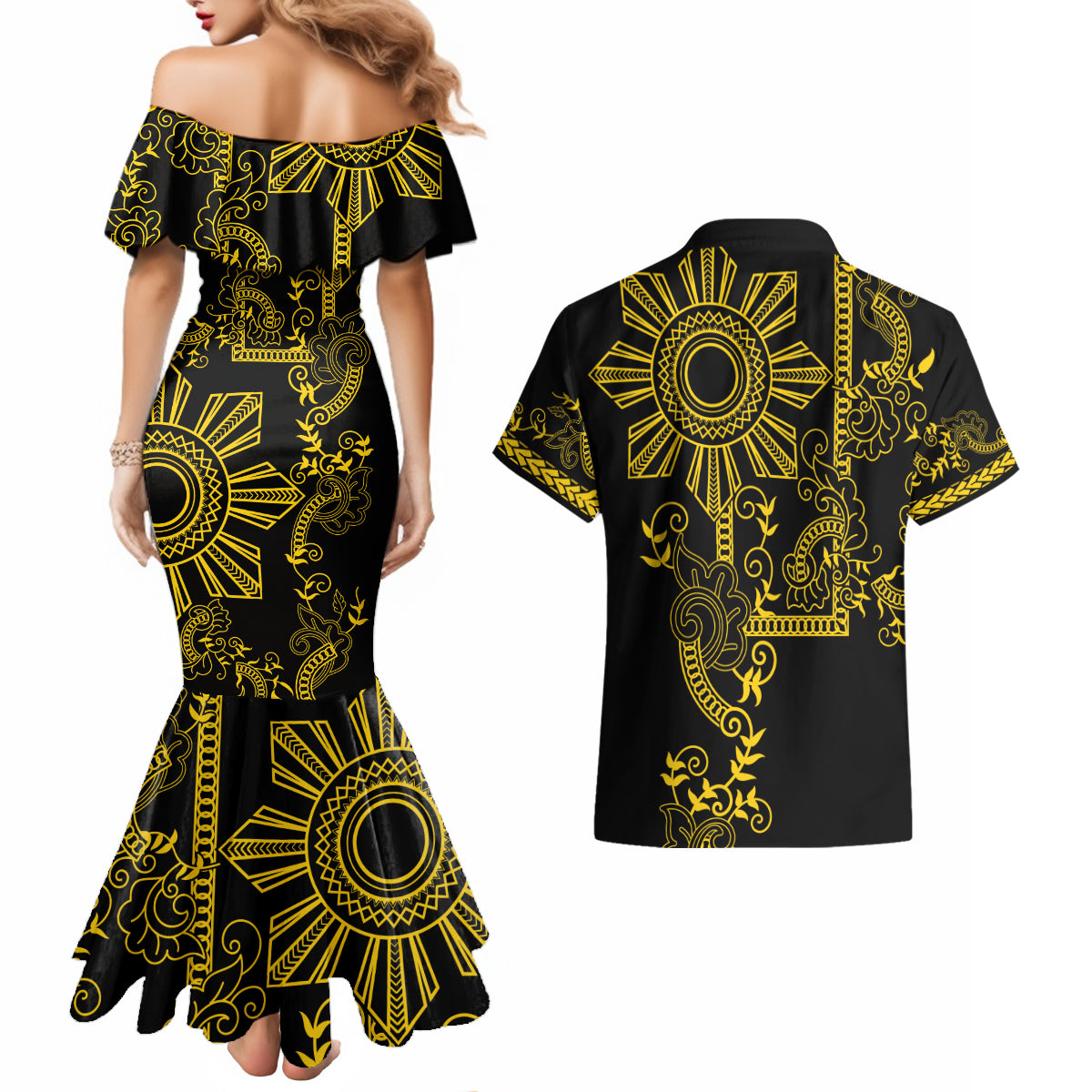 Filipino Sun Tribal Tattoo Couples Matching Mermaid Dress and Hawaiian Shirt Philippines Inspired Barong Simple Gold LT9 - Wonder Print Shop