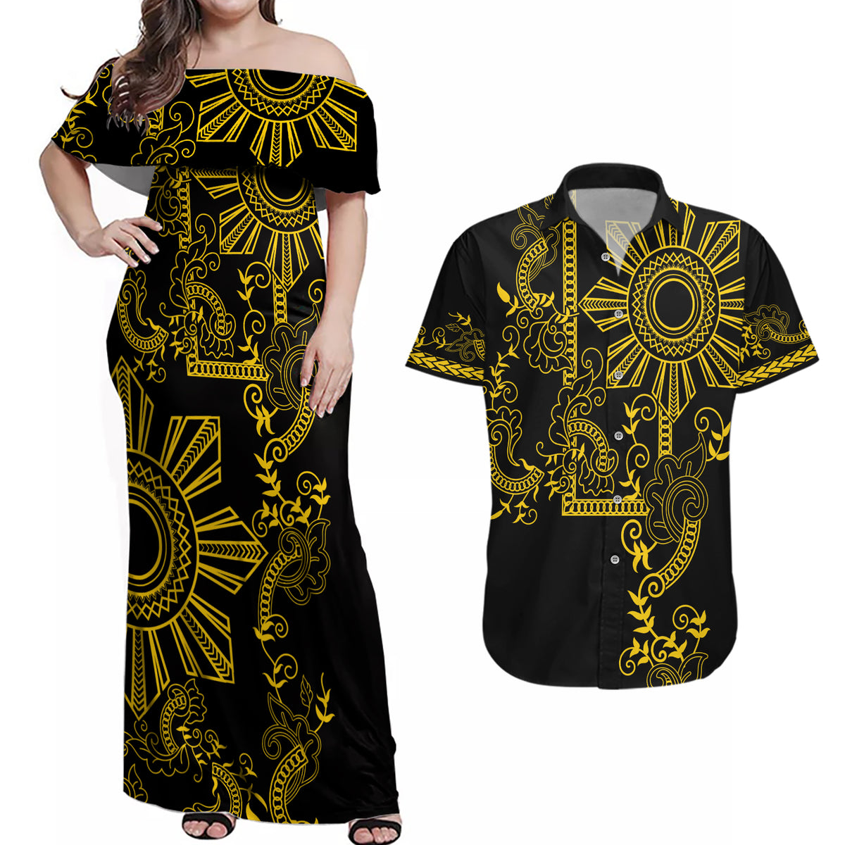 Filipino Sun Tribal Tattoo Couples Matching Off Shoulder Maxi Dress and Hawaiian Shirt Philippines Inspired Barong Simple Gold LT9 - Wonder Print Shop