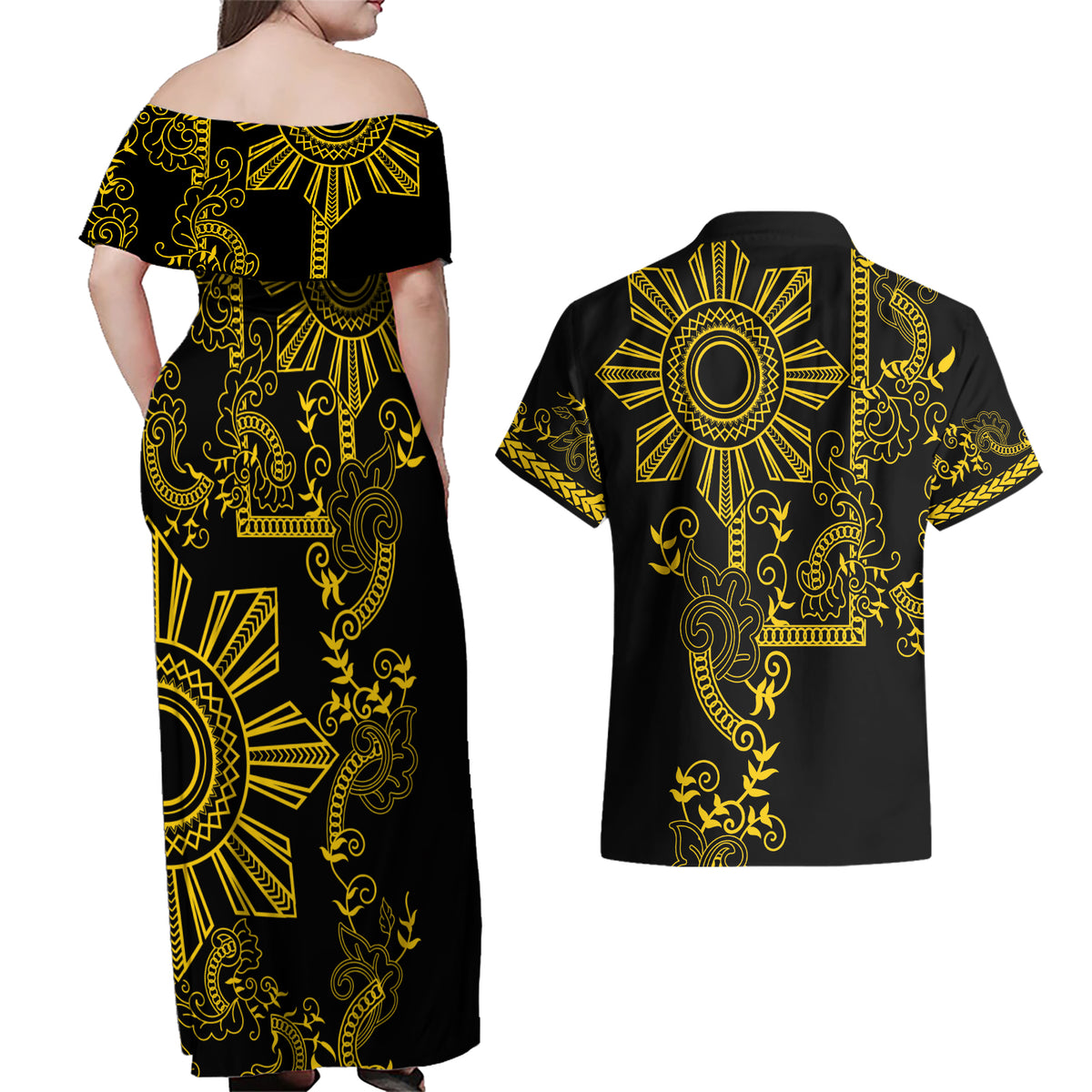 Filipino Sun Tribal Tattoo Couples Matching Off Shoulder Maxi Dress and Hawaiian Shirt Philippines Inspired Barong Simple Gold LT9 - Wonder Print Shop