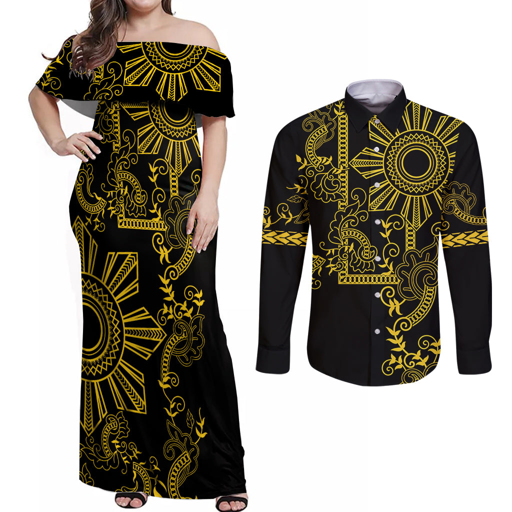 Filipino Sun Tribal Tattoo Couples Matching Off Shoulder Maxi Dress and Long Sleeve Button Shirt Philippines Inspired Barong Simple Gold LT9 - Wonder Print Shop