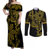 Filipino Sun Tribal Tattoo Couples Matching Off Shoulder Maxi Dress and Long Sleeve Button Shirt Philippines Inspired Barong Simple Gold LT9 - Wonder Print Shop