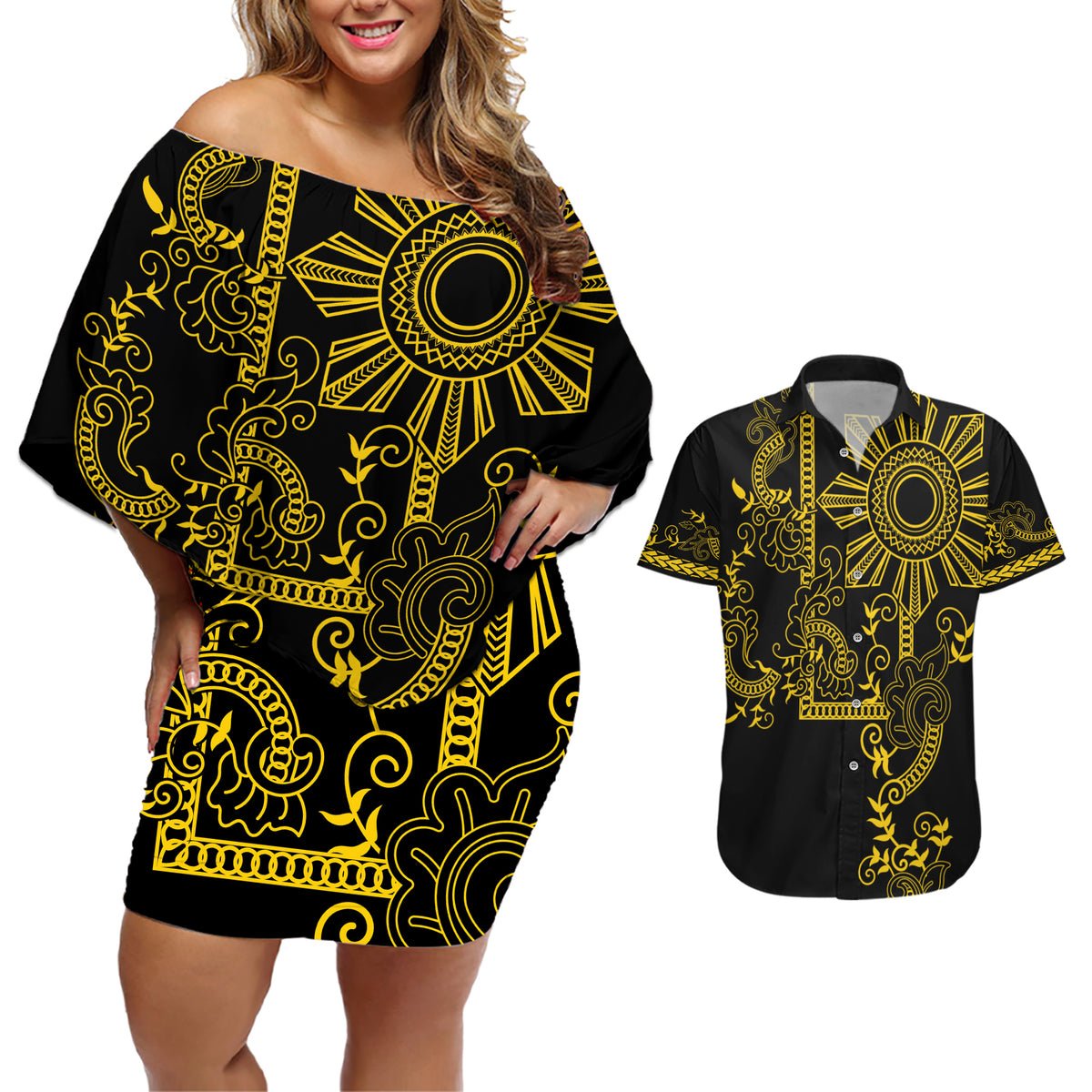 Filipino Sun Tribal Tattoo Couples Matching Off Shoulder Short Dress and Hawaiian Shirt Philippines Inspired Barong Simple Gold LT9 - Wonder Print Shop