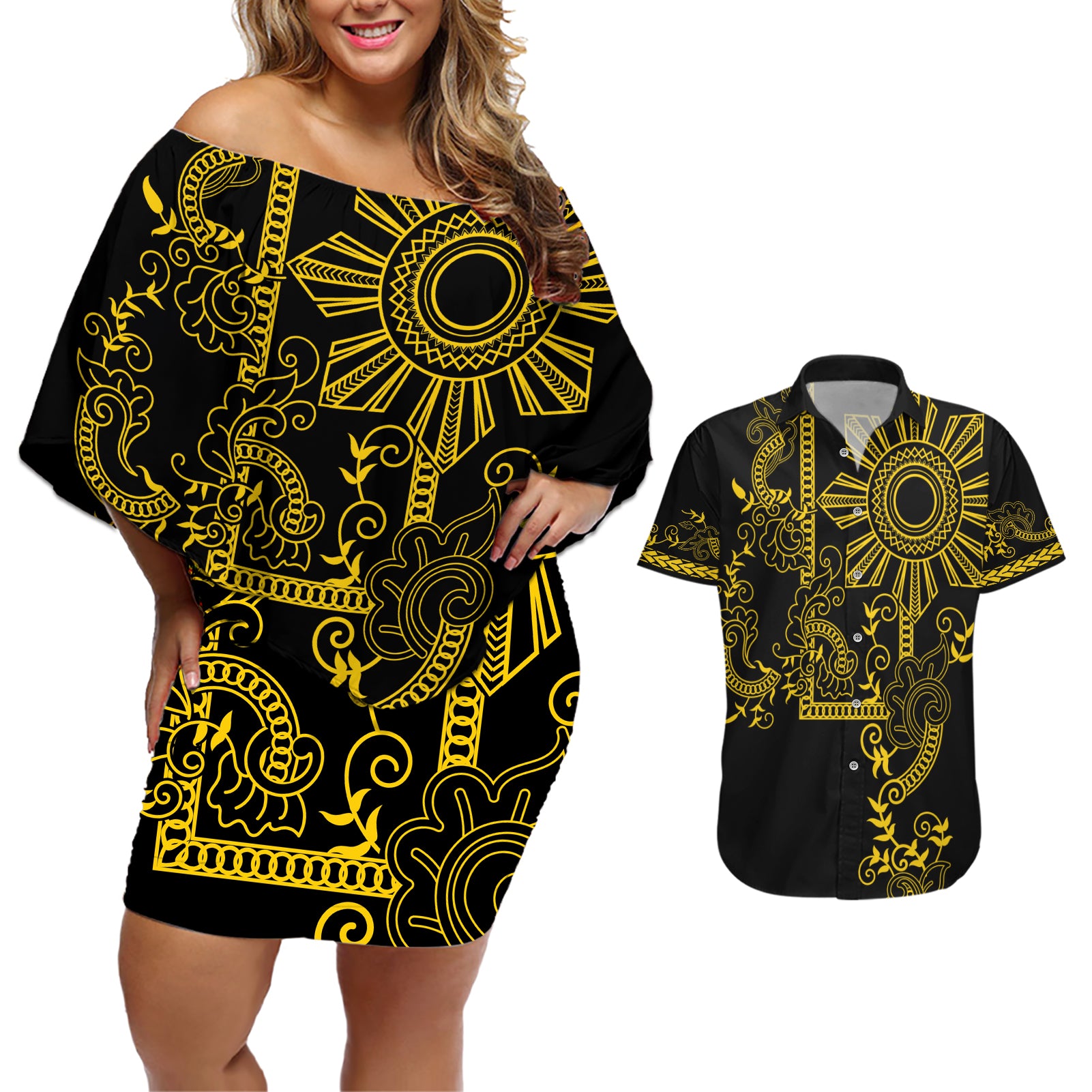 Filipino Sun Tribal Tattoo Couples Matching Off Shoulder Short Dress and Hawaiian Shirt Philippines Inspired Barong Simple Gold LT9 - Wonder Print Shop