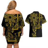 Filipino Sun Tribal Tattoo Couples Matching Off Shoulder Short Dress and Hawaiian Shirt Philippines Inspired Barong Simple Gold LT9 - Wonder Print Shop