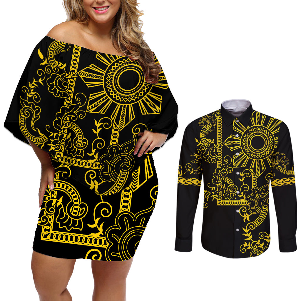 Filipino Sun Tribal Tattoo Couples Matching Off Shoulder Short Dress and Long Sleeve Button Shirt Philippines Inspired Barong Simple Gold LT9 - Wonder Print Shop