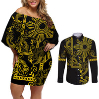 Filipino Sun Tribal Tattoo Couples Matching Off Shoulder Short Dress and Long Sleeve Button Shirt Philippines Inspired Barong Simple Gold LT9 - Wonder Print Shop