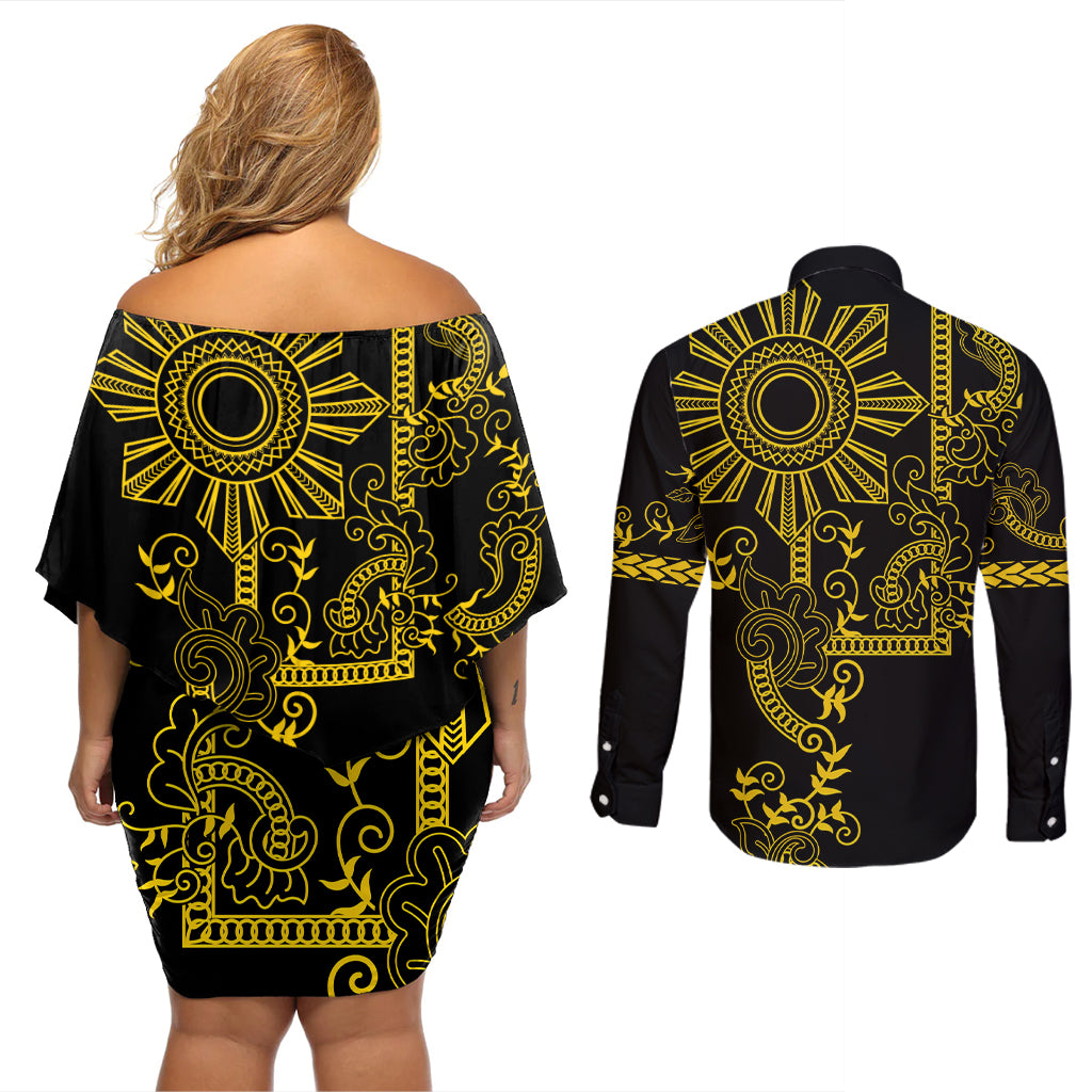 Filipino Sun Tribal Tattoo Couples Matching Off Shoulder Short Dress and Long Sleeve Button Shirt Philippines Inspired Barong Simple Gold LT9 - Wonder Print Shop