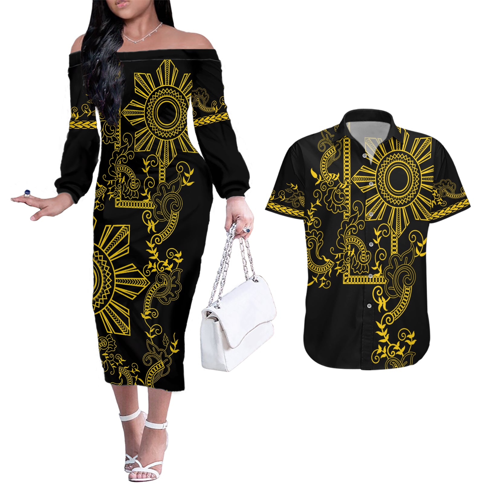 Filipino Sun Tribal Tattoo Couples Matching Off The Shoulder Long Sleeve Dress and Hawaiian Shirt Philippines Inspired Barong Simple Gold LT9 - Wonder Print Shop