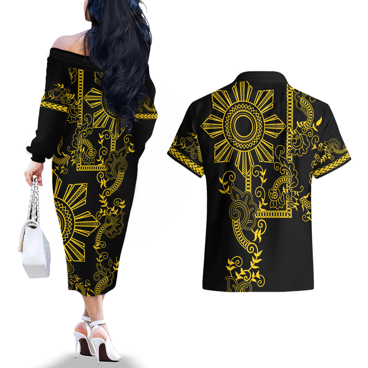Filipino Sun Tribal Tattoo Couples Matching Off The Shoulder Long Sleeve Dress and Hawaiian Shirt Philippines Inspired Barong Simple Gold LT9 - Wonder Print Shop