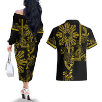 Filipino Sun Tribal Tattoo Couples Matching Off The Shoulder Long Sleeve Dress and Hawaiian Shirt Philippines Inspired Barong Simple Gold LT9 - Wonder Print Shop
