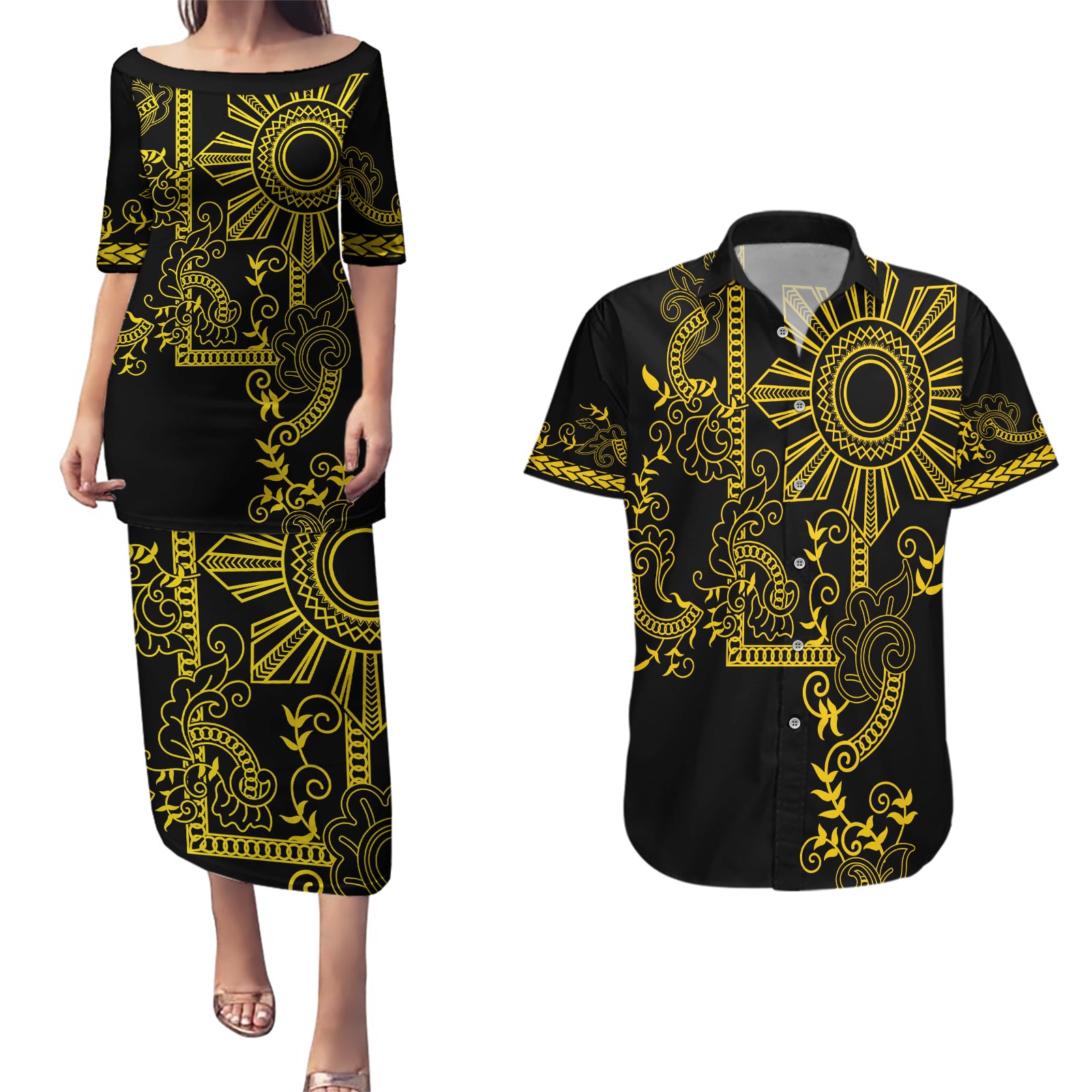 Filipino Sun Tribal Tattoo Couples Matching Puletasi and Hawaiian Shirt Philippines Inspired Barong Simple Gold LT9 - Wonder Print Shop