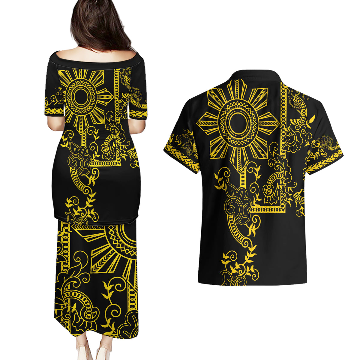 Filipino Sun Tribal Tattoo Couples Matching Puletasi and Hawaiian Shirt Philippines Inspired Barong Simple Gold LT9 - Wonder Print Shop