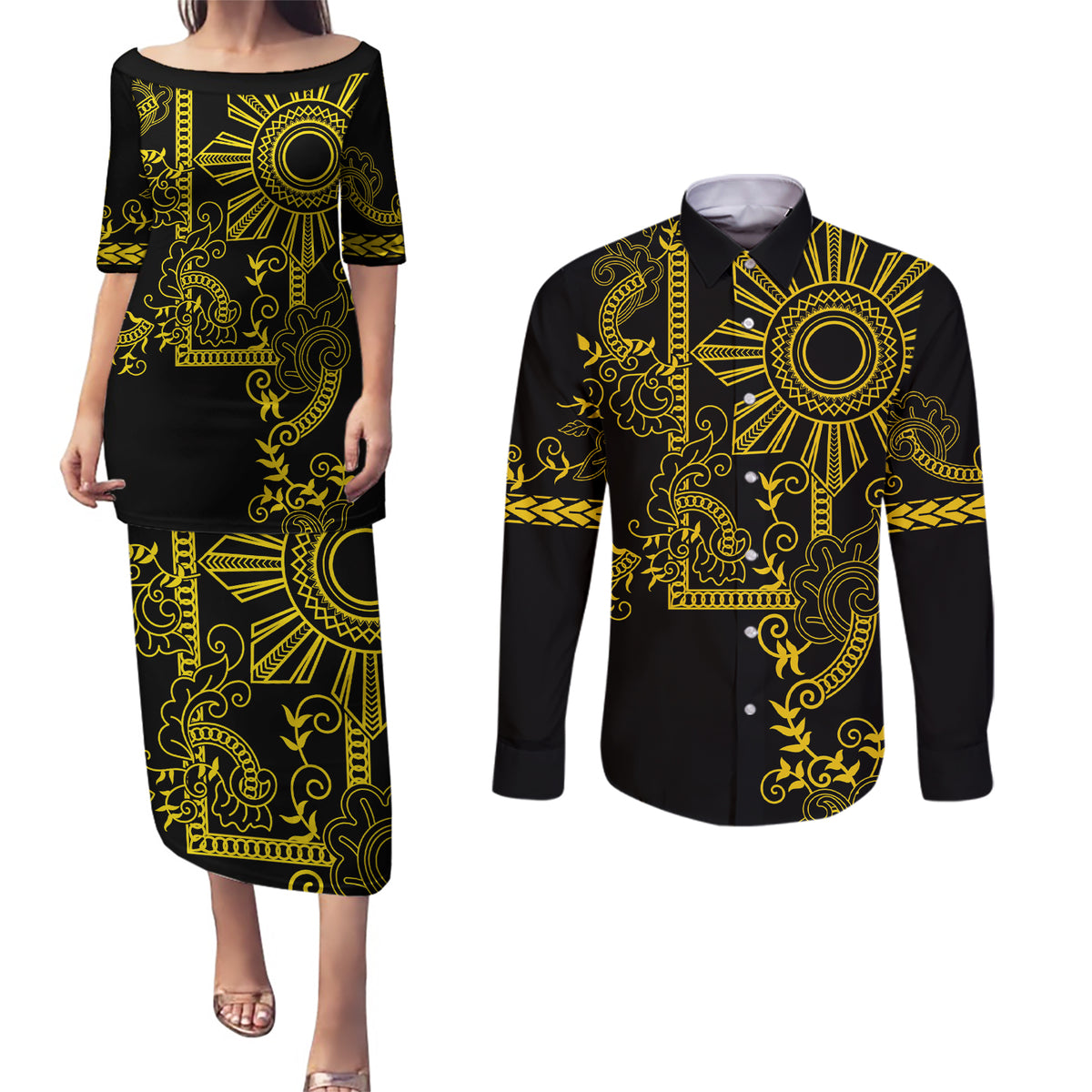 Filipino Sun Tribal Tattoo Couples Matching Puletasi and Long Sleeve Button Shirt Philippines Inspired Barong Simple Gold LT9 - Wonder Print Shop
