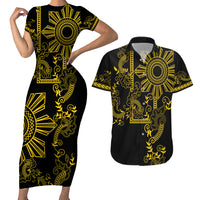 Filipino Sun Tribal Tattoo Couples Matching Short Sleeve Bodycon Dress and Hawaiian Shirt Philippines Inspired Barong Simple Gold LT9 - Wonder Print Shop