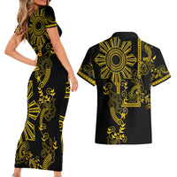 Filipino Sun Tribal Tattoo Couples Matching Short Sleeve Bodycon Dress and Hawaiian Shirt Philippines Inspired Barong Simple Gold LT9 - Wonder Print Shop