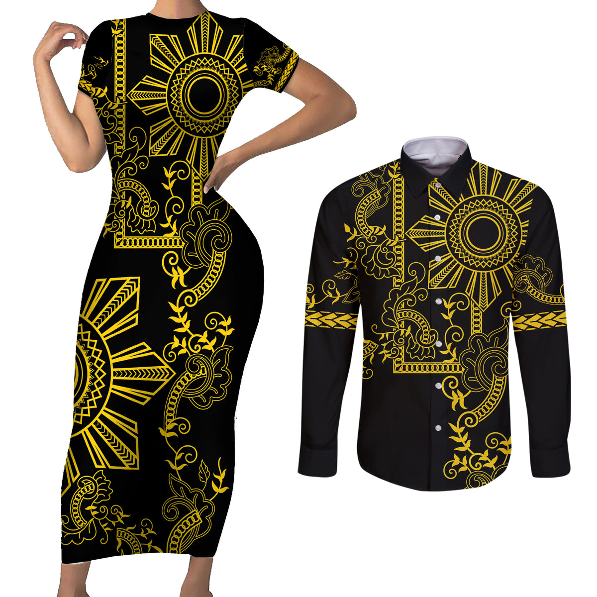 Filipino Sun Tribal Tattoo Couples Matching Short Sleeve Bodycon Dress and Long Sleeve Button Shirt Philippines Inspired Barong Simple Gold LT9 - Wonder Print Shop