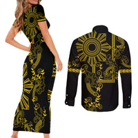 Filipino Sun Tribal Tattoo Couples Matching Short Sleeve Bodycon Dress and Long Sleeve Button Shirt Philippines Inspired Barong Simple Gold LT9 - Wonder Print Shop