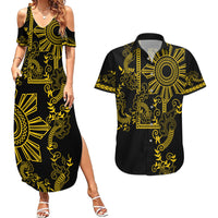 Filipino Sun Tribal Tattoo Couples Matching Summer Maxi Dress and Hawaiian Shirt Philippines Inspired Barong Simple Gold LT9 - Wonder Print Shop