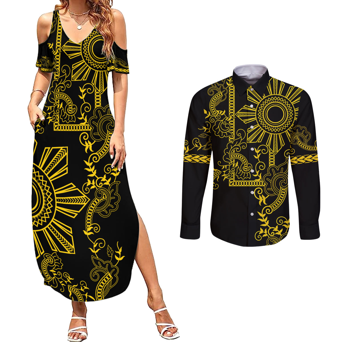 Filipino Sun Tribal Tattoo Couples Matching Summer Maxi Dress and Long Sleeve Button Shirt Philippines Inspired Barong Simple Gold LT9 - Wonder Print Shop