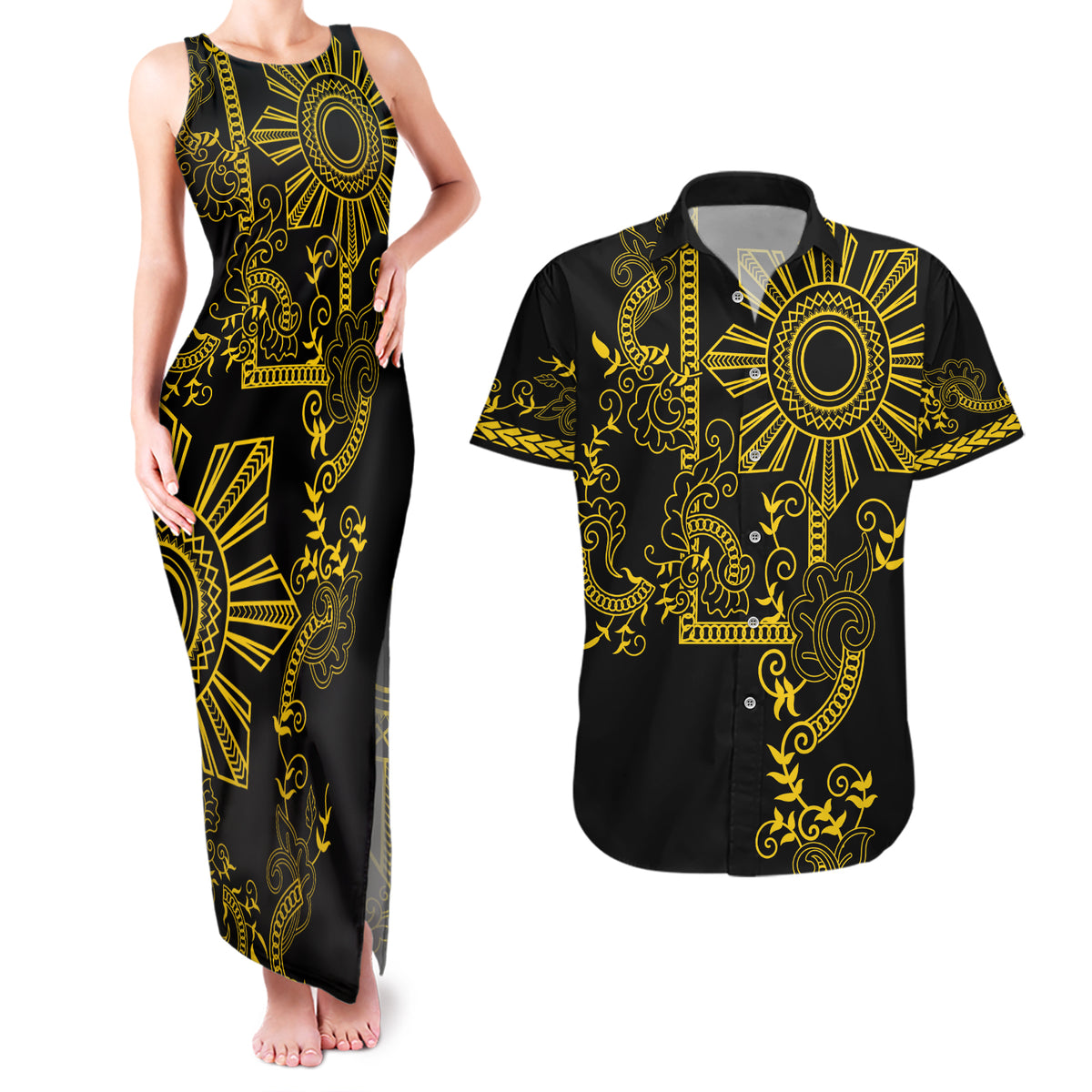 Filipino Sun Tribal Tattoo Couples Matching Tank Maxi Dress and Hawaiian Shirt Philippines Inspired Barong Simple Gold LT9 - Wonder Print Shop