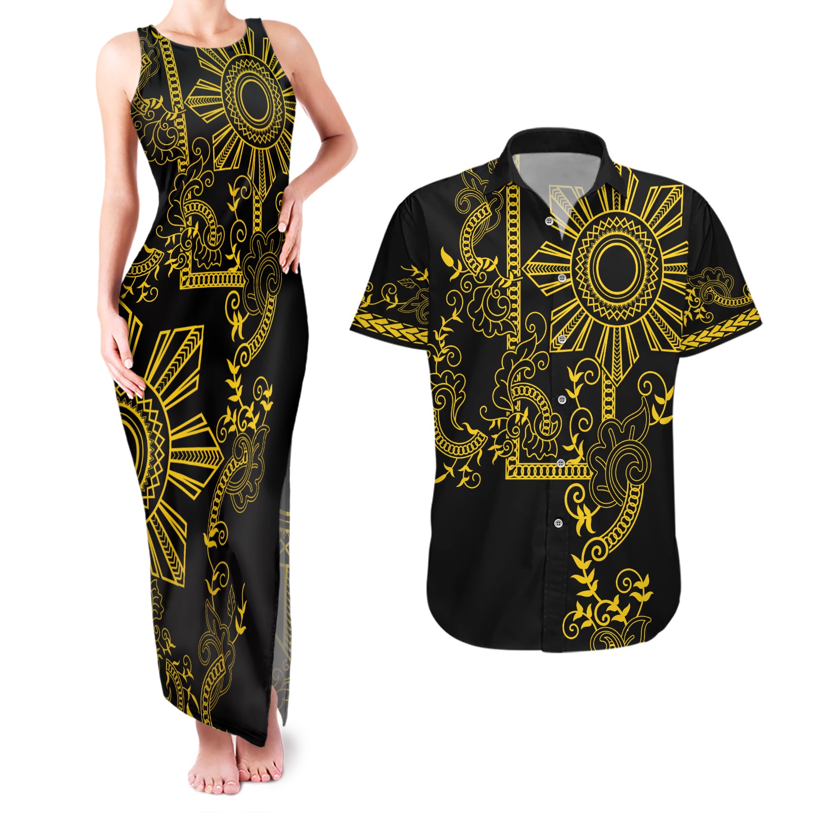 Filipino Sun Tribal Tattoo Couples Matching Tank Maxi Dress and Hawaiian Shirt Philippines Inspired Barong Simple Gold LT9 - Wonder Print Shop