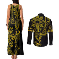 Filipino Sun Tribal Tattoo Couples Matching Tank Maxi Dress and Long Sleeve Button Shirt Philippines Inspired Barong Simple Gold LT9 - Wonder Print Shop