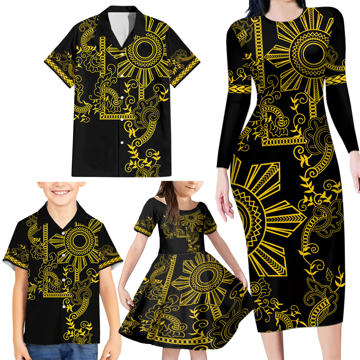 Filipino Sun Tribal Tattoo Family Matching Long Sleeve Bodycon Dress and Hawaiian Shirt Philippines Inspired Barong Simple Gold LT9 - Wonder Print Shop