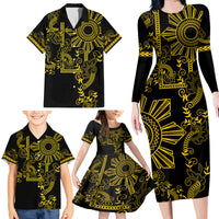 Filipino Sun Tribal Tattoo Family Matching Long Sleeve Bodycon Dress and Hawaiian Shirt Philippines Inspired Barong Simple Gold LT9 - Wonder Print Shop