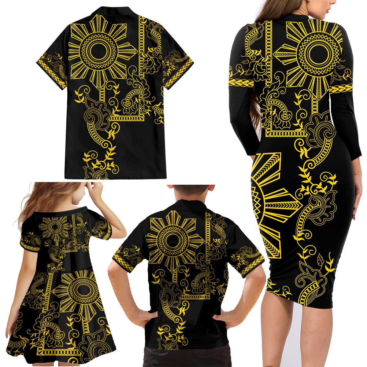 Filipino Sun Tribal Tattoo Family Matching Long Sleeve Bodycon Dress and Hawaiian Shirt Philippines Inspired Barong Simple Gold LT9 - Wonder Print Shop