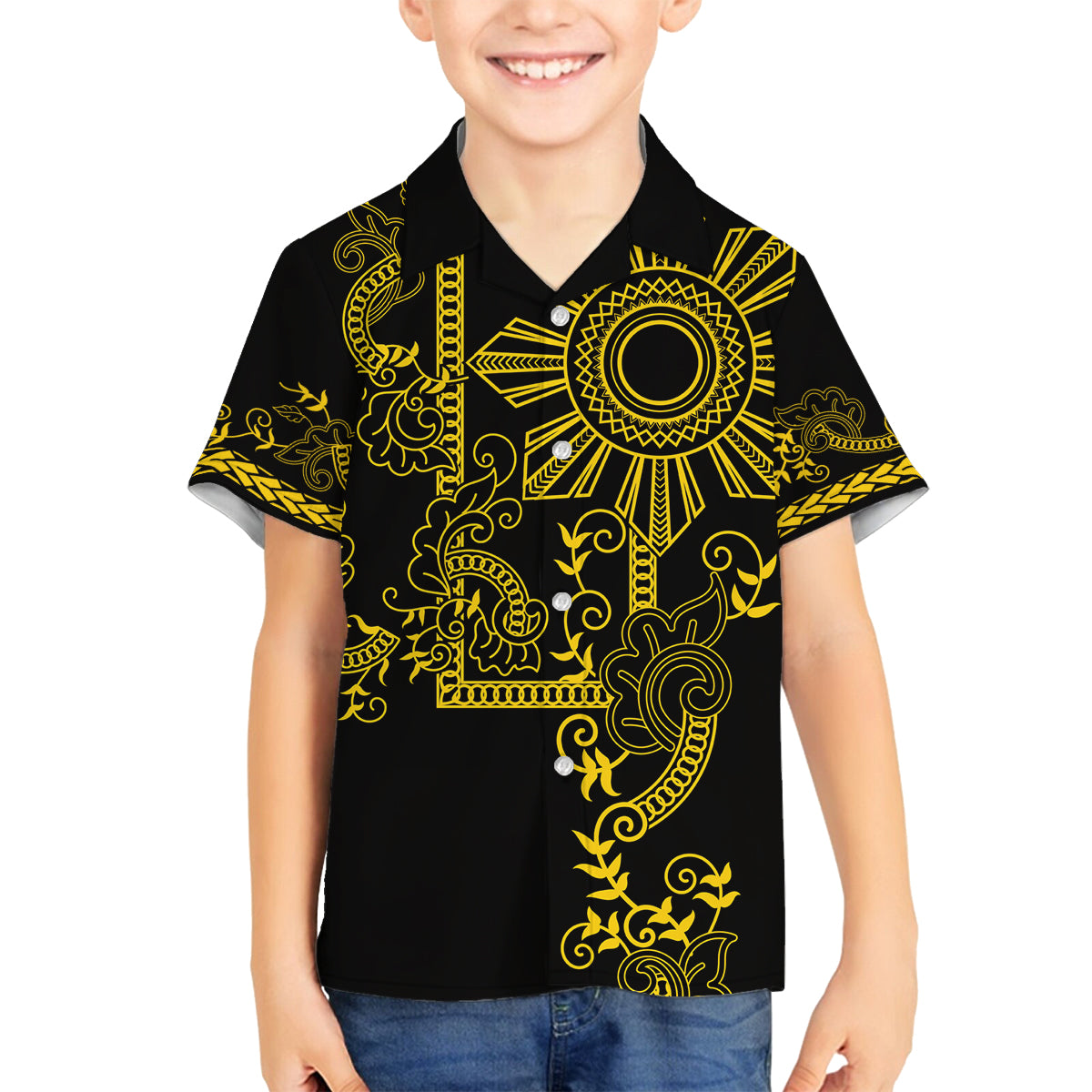 Filipino Sun Tribal Tattoo Family Matching Long Sleeve Bodycon Dress and Hawaiian Shirt Philippines Inspired Barong Simple Gold LT9 - Wonder Print Shop