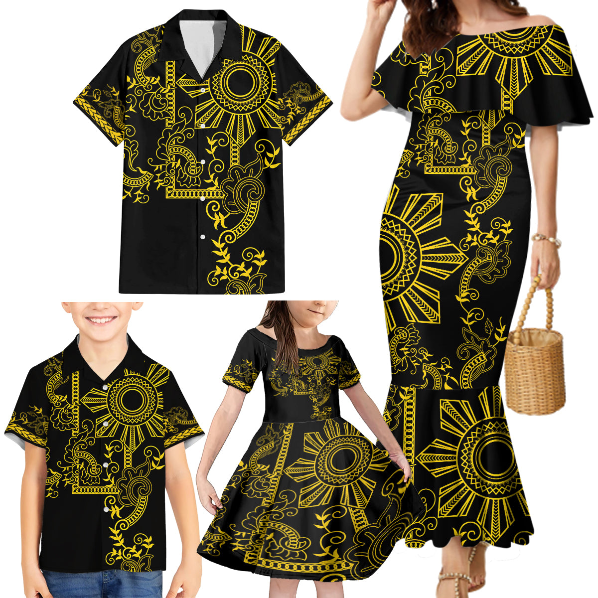 Filipino Sun Tribal Tattoo Family Matching Mermaid Dress and Hawaiian Shirt Philippines Inspired Barong Simple Gold LT9 - Wonder Print Shop