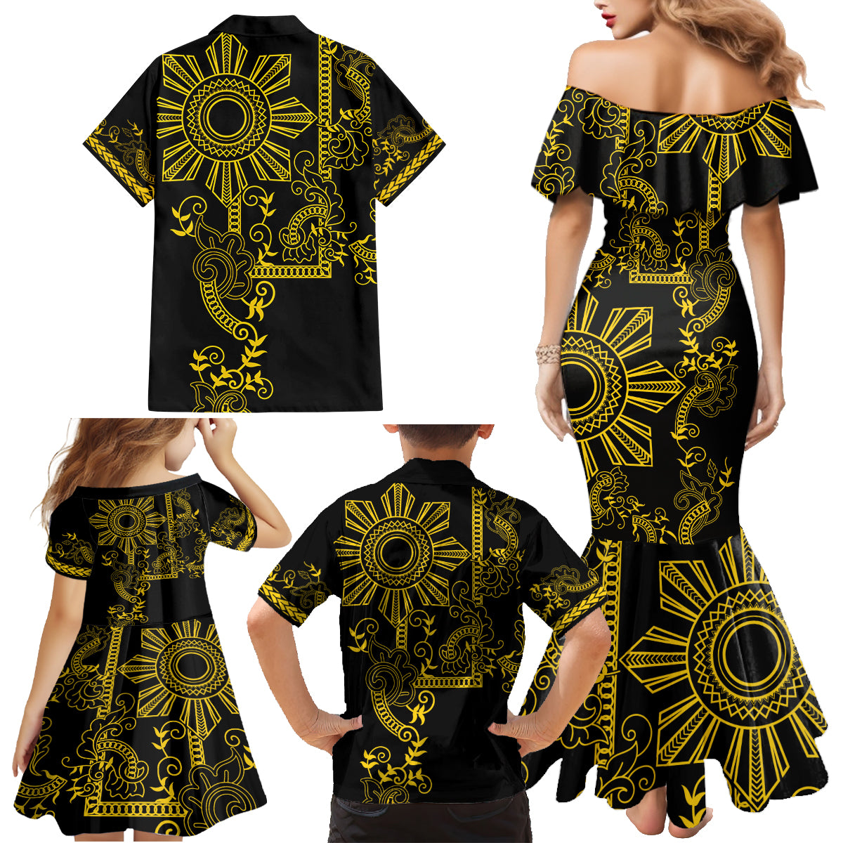 Filipino Sun Tribal Tattoo Family Matching Mermaid Dress and Hawaiian Shirt Philippines Inspired Barong Simple Gold LT9 - Wonder Print Shop