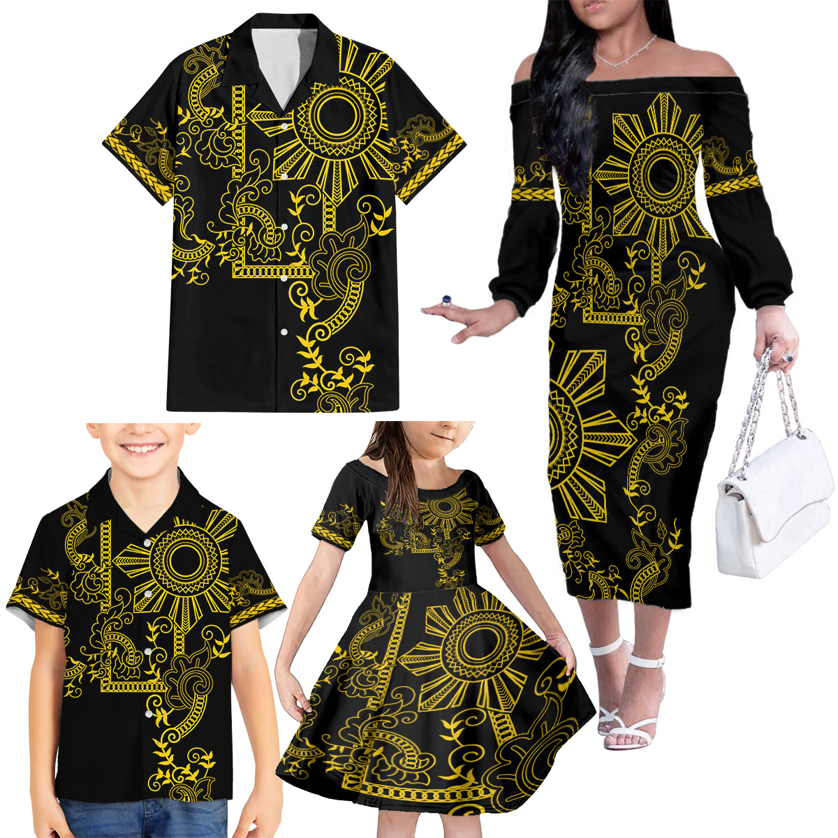 Filipino Sun Tribal Tattoo Family Matching Off The Shoulder Long Sleeve Dress and Hawaiian Shirt Philippines Inspired Barong Simple Gold - Wonder Print Shop