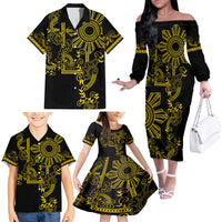 Filipino Sun Tribal Tattoo Family Matching Off The Shoulder Long Sleeve Dress and Hawaiian Shirt Philippines Inspired Barong Simple Gold - Wonder Print Shop