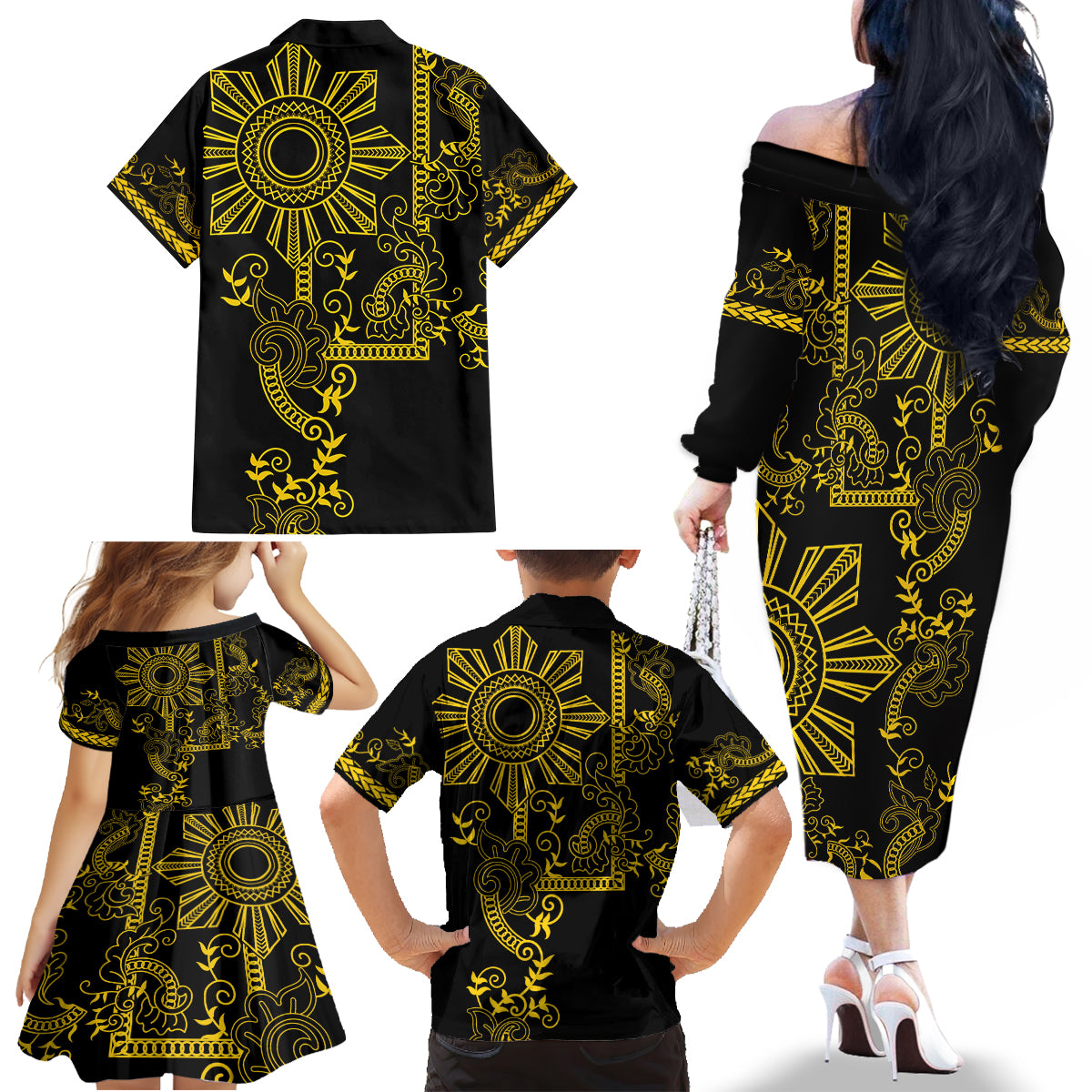 Filipino Sun Tribal Tattoo Family Matching Off The Shoulder Long Sleeve Dress and Hawaiian Shirt Philippines Inspired Barong Simple Gold - Wonder Print Shop