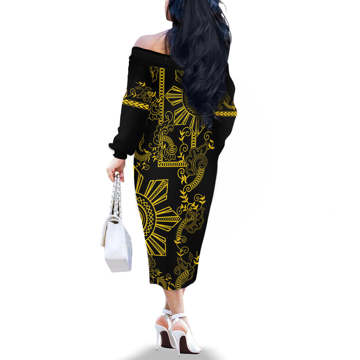 Filipino Sun Tribal Tattoo Family Matching Off The Shoulder Long Sleeve Dress and Hawaiian Shirt Philippines Inspired Barong Simple Gold - Wonder Print Shop