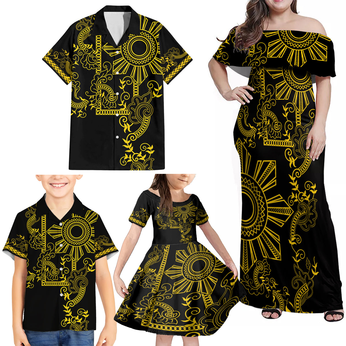 Filipino Sun Tribal Tattoo Family Matching Off Shoulder Maxi Dress and Hawaiian Shirt Philippines Inspired Barong Simple Gold LT9 - Wonder Print Shop